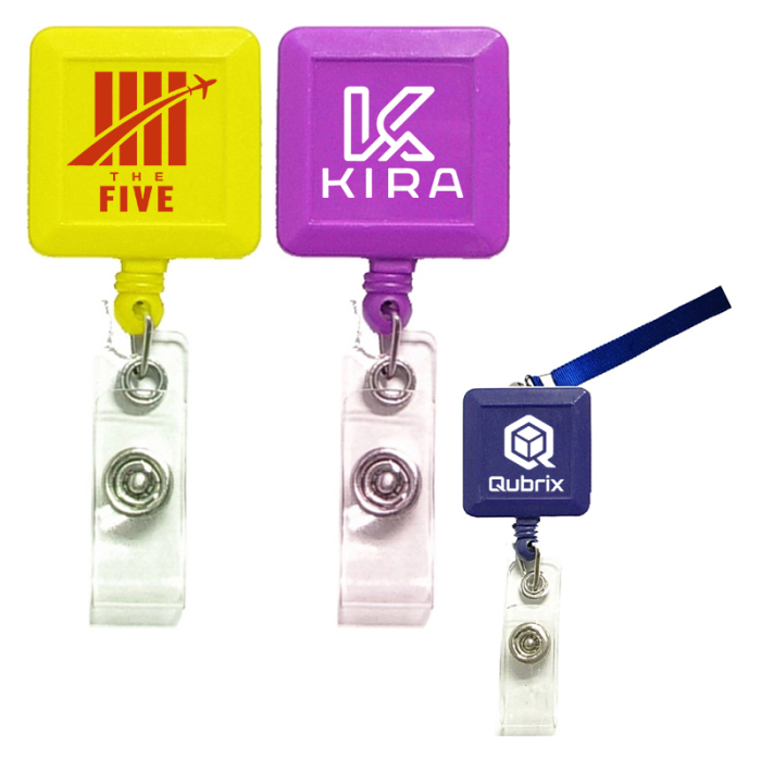 Imprinted Square Retractable Badge Holders with Lanyard