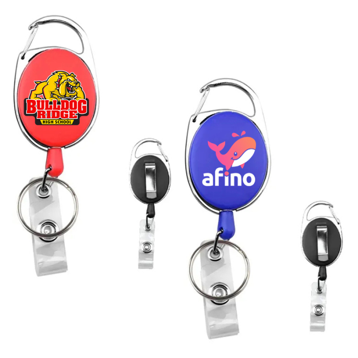 Personalized Oval Retractable Carabiner Badge Holders with Key Ring and Clip