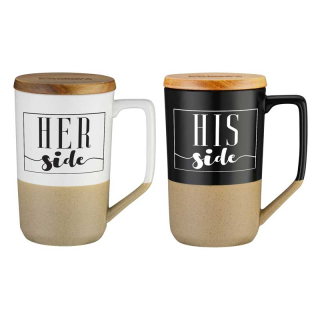 15 Oz Two Tone Ceramic Mugs with Wood Lid