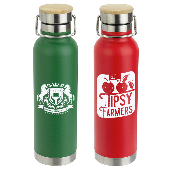 Custom Cusano 22 Ounce Vacuum Insulated Stainless Steel Bottles with Bamboo Caps