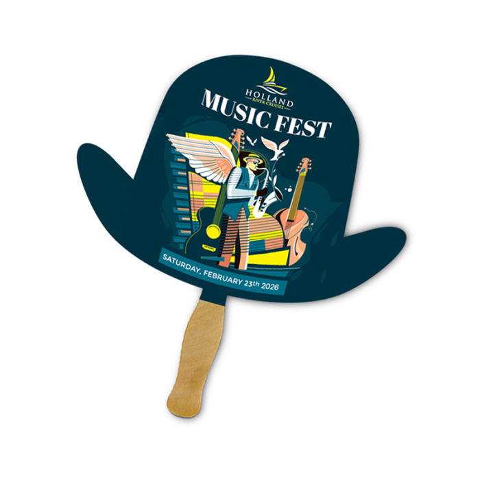 5x5 Inch Imprinted Derby Hat Shape Full Color One Sided Mini Hand Fans - 16 pt