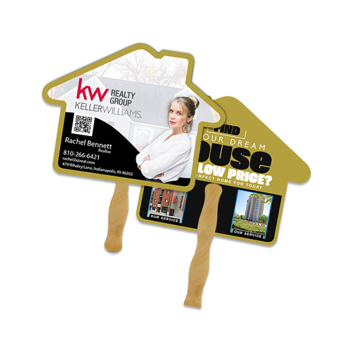 5x5 Inch Customized House Shape Full Color Double Sided Mini Hand Fans - 16 pt