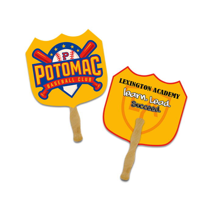 5x5 Inch Custom Shield Shape Full Color Double Sided Mini Hand Fans - 16 pt