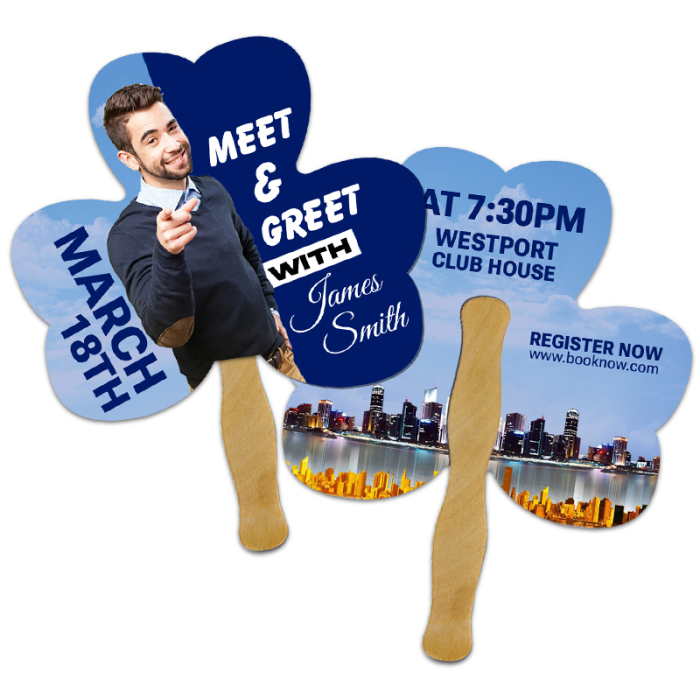 Promotional 8x8 Inch Clover 3 Shape Full Color Double Sided Hand Fans - 16 pt