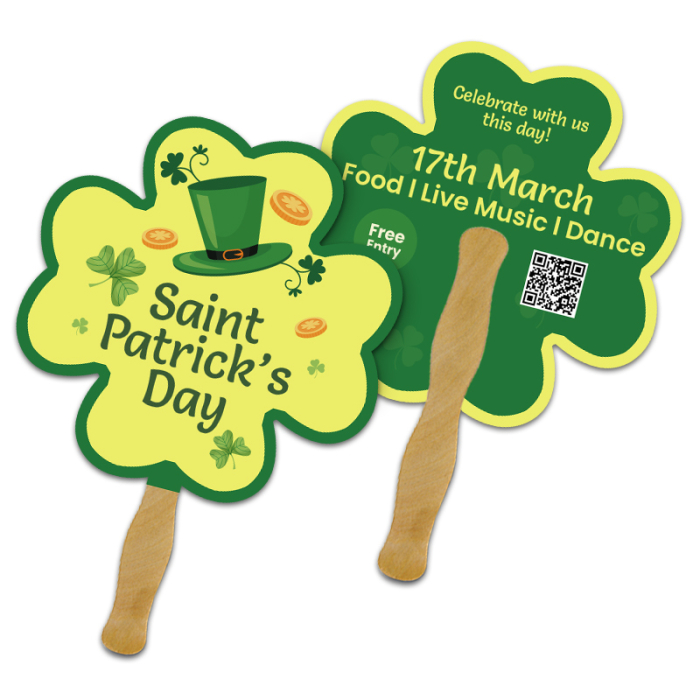 Custom Imprinted 8x8 Inch Clover Shape Full Color Double Sided Hand Fans - 16 pt