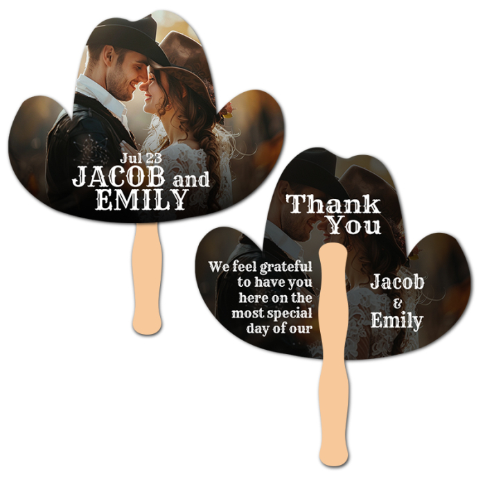 Custom Printed 8x8 Inch Cowboy Hat Shape Full Color Double Sided Hand Fans - 16 pt