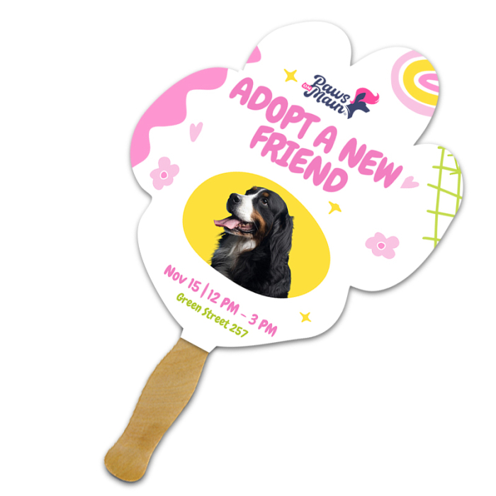 8x8 Inch Customized Paw Shape Full Color One Sided Hand Fans - 16 pt