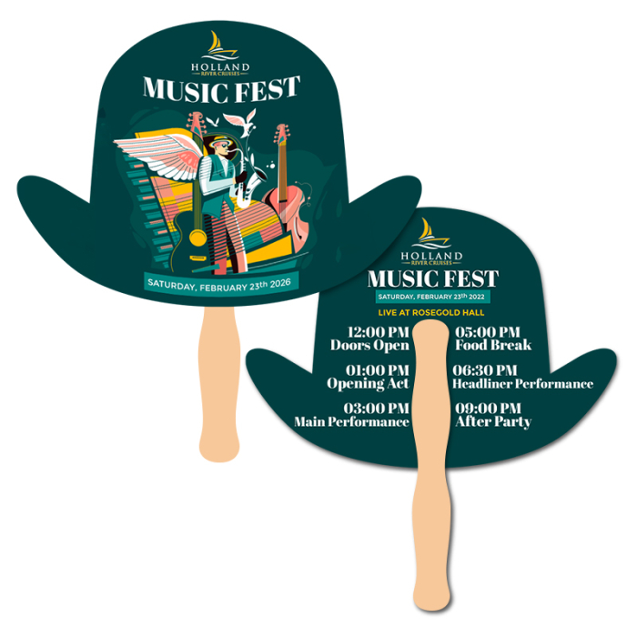 Custom 8x8 Inch Derby Hat Shape Full Color Double Sided Hand Fans - 16 pt