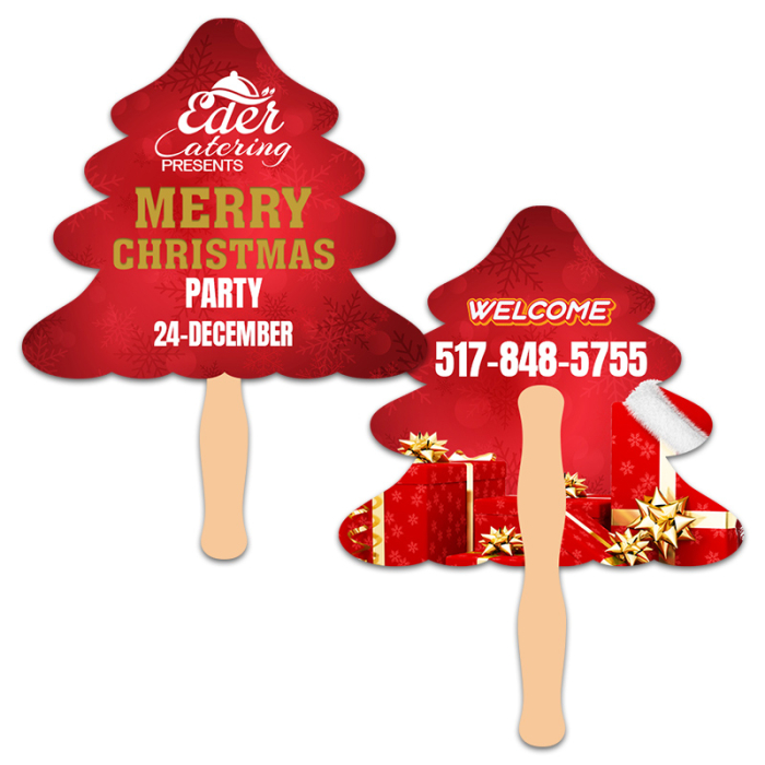 Customized 8x8 Inch Evergreen Shape Full Color Double Sided Hand Fans - 16 pt