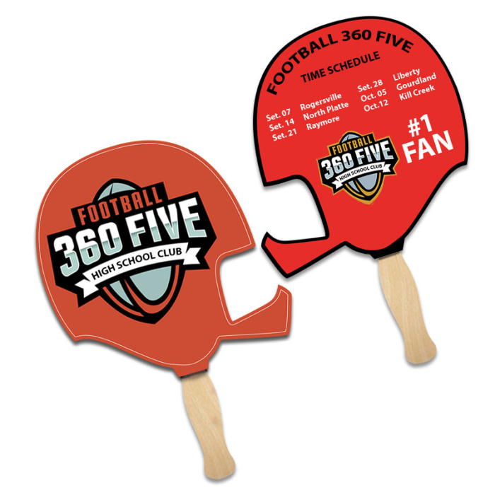Imprinted 8x8 Inch Helmet Shape Full Color Sandwich Hand Fans - 16 pt
