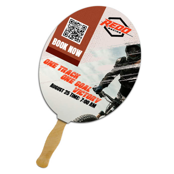 Custom 8x8 Inch Horizontal Oval Shape Full Color One Sided Hand Fans - 16 pt