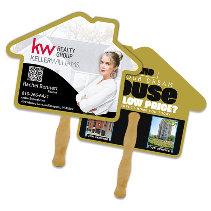Customized 8x8 Inch House Shape Full Color Double Sided Hand Fans - 16 pt