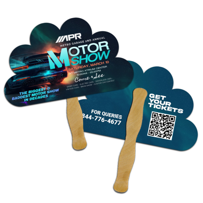 Promotional 8x8 Inch Peacock Shape Full Color Double Sided Hand Fans - 16 pt