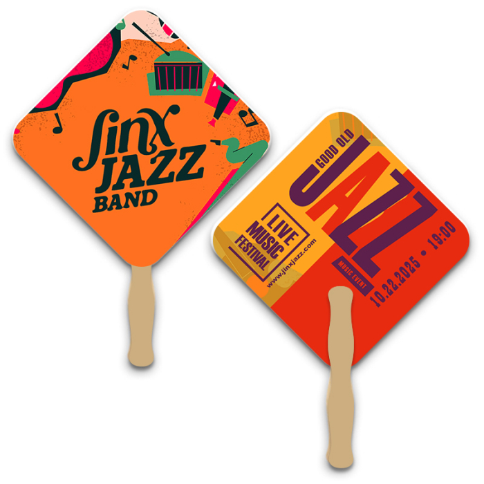 Custom Printed 8x8 Inch Rd Diamond Shape Full Color Double Sided Hand Fans - 16 pt