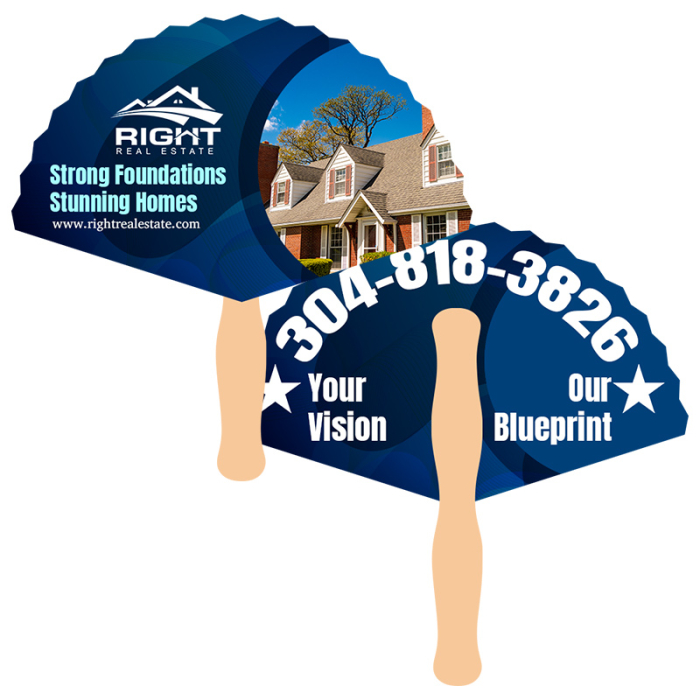 Custom 8x8 Inch Rd Triangle Shape Full Color Double Sided Hand Fans - 16 pt