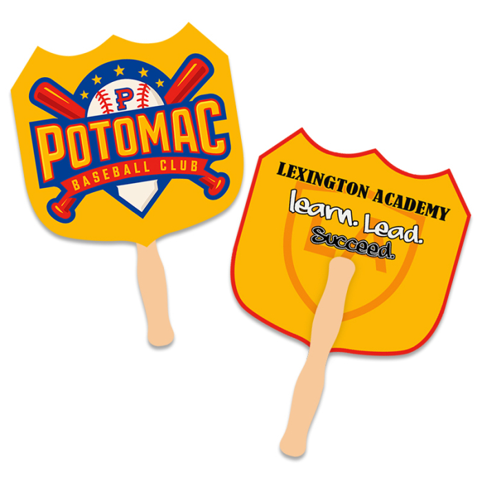 Personalized 8x8 Inch Shield Shape Full Color Double Sided Hand Fans - 16 pt