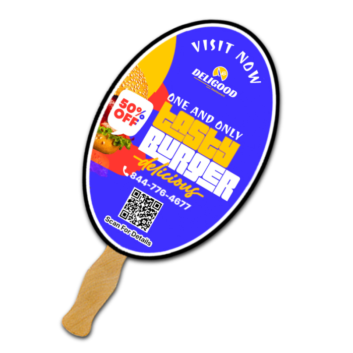 Custom 9x7.25 Inch Oval Full Color One Sided Hand Fans - 16 pt