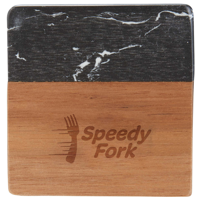 Custom Black Marble and Wood Coaster Sets