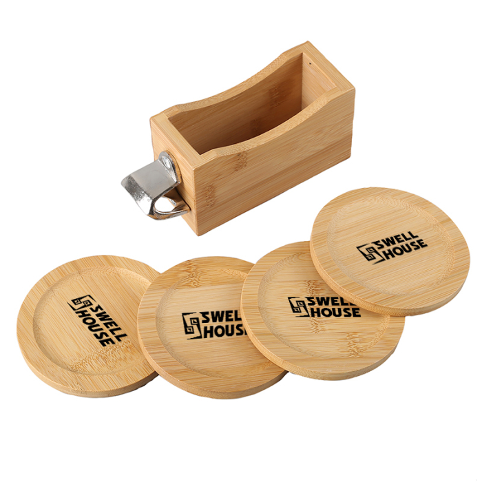 Custom Printed Bamboo Coaster Sets with Bottle Opener