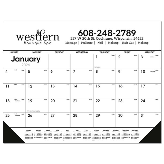 Imprinted Black and White Desk Pads with Vinyl Corners