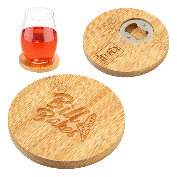 Imprinted FSC® Bamboo Coasters with Bottle Openers 