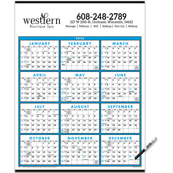 Imprinted Span-A-Year Laminated Wall Calendars with Markers