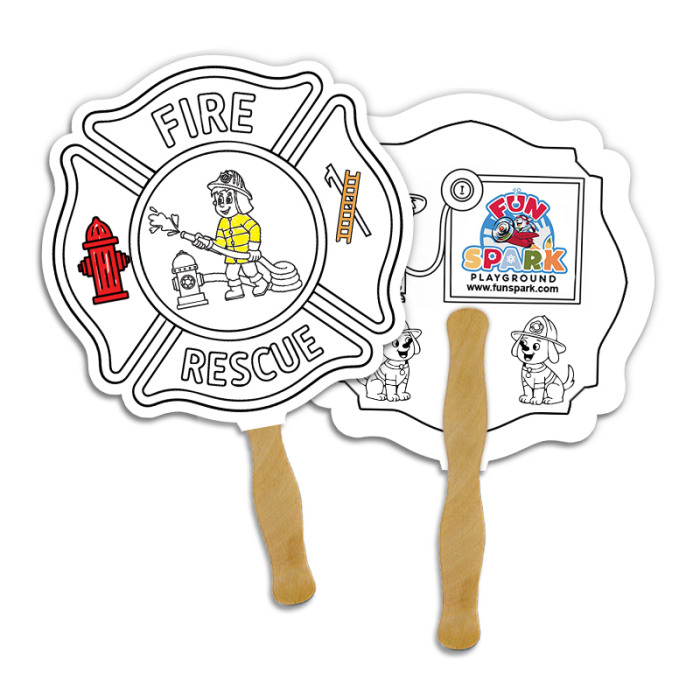 Personalized Fire Badge Shape Full Color Double Sided Coloring Hand Fans - 16 pt
