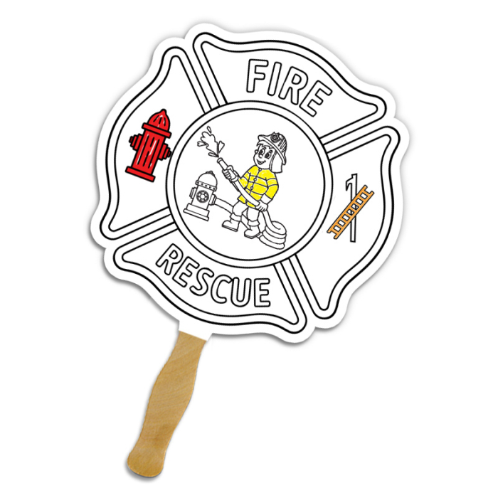 Promotional Fire Badge Shape Full Color One Sided Coloring Hand Fans - 16 pt