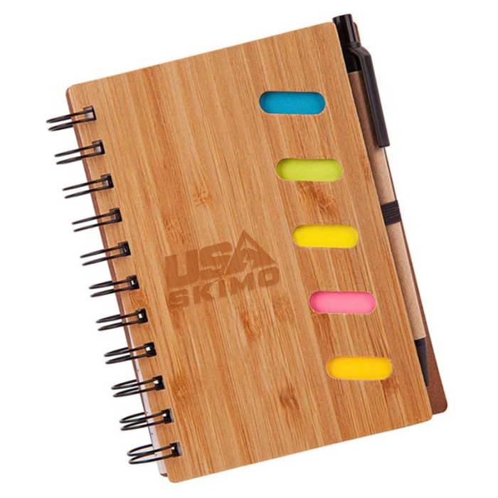 Imprinted Bamboo Front Cover Notebooks with Sticky Note and Pen